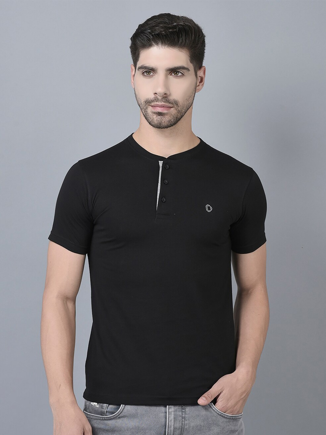 

Dollar Henley Neck Cotton Slim Fit T-shirt, Black