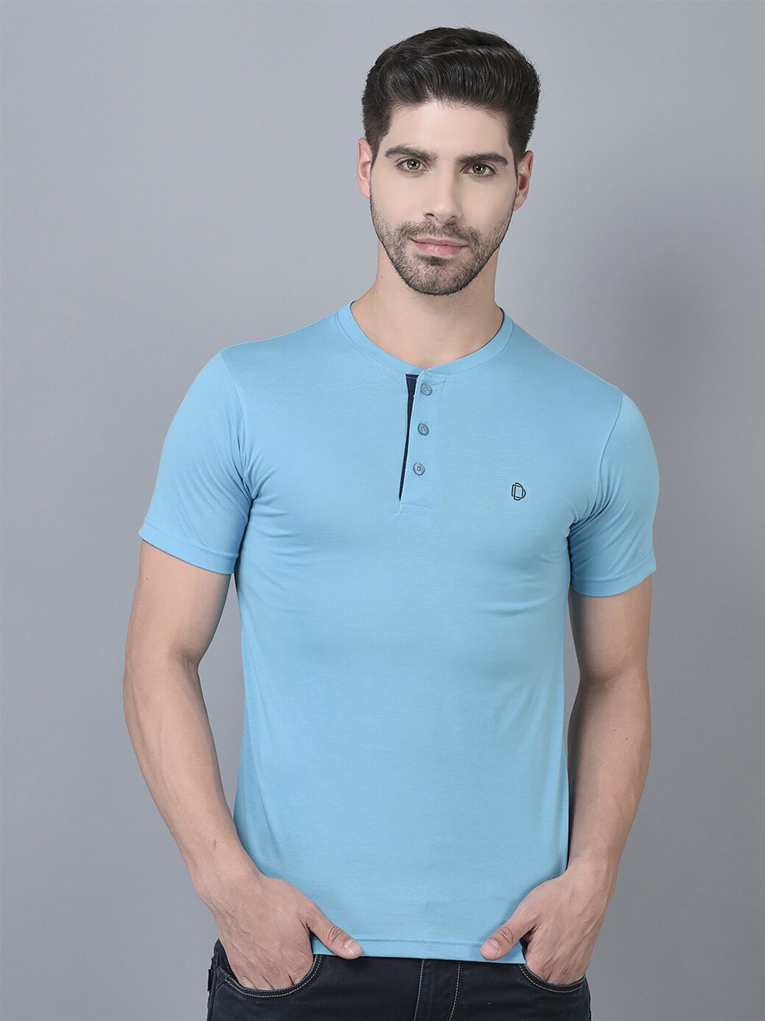 

Dollar Henley Neck Cotton T-shirt, Blue