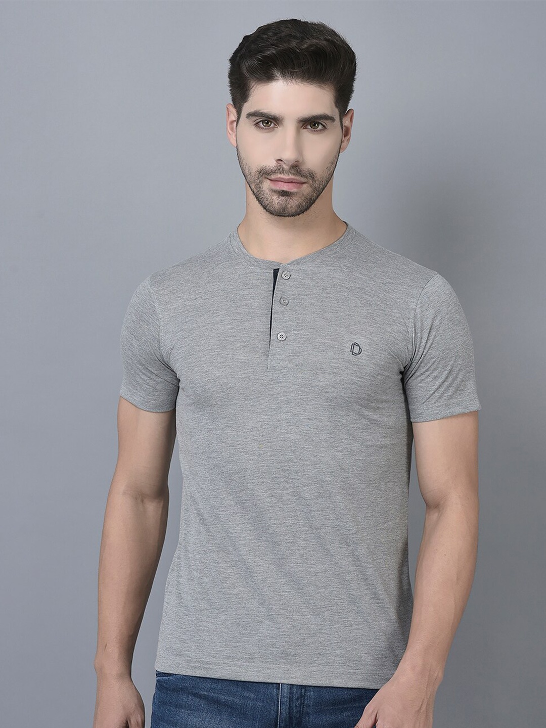 

Dollar Henley Neck Cotton T-shirt, Grey melange