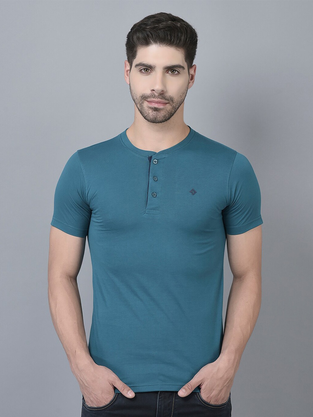 

Dollar Henley Neck Cotton Slim Fit T-shirt, Sea green