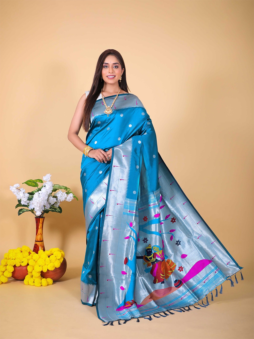 

Mitera Blue & Pink Geometric Woven Design Zari Paithani Saree