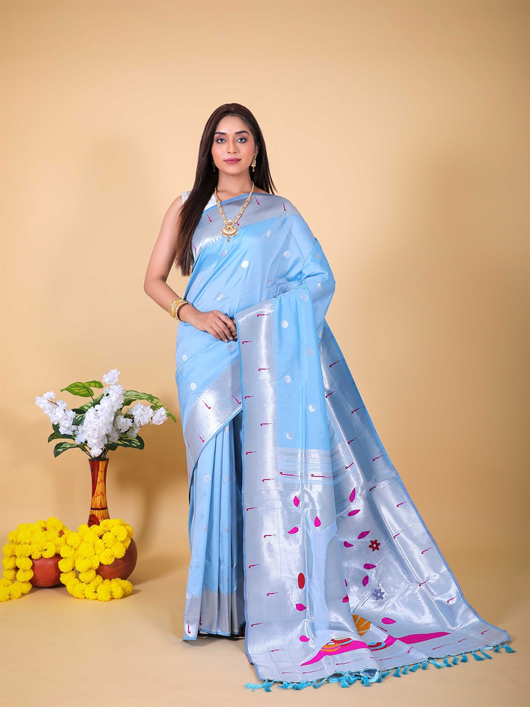 

Mitera Blue & Silver-Toned Geometric Woven Design Zari Paithani Saree