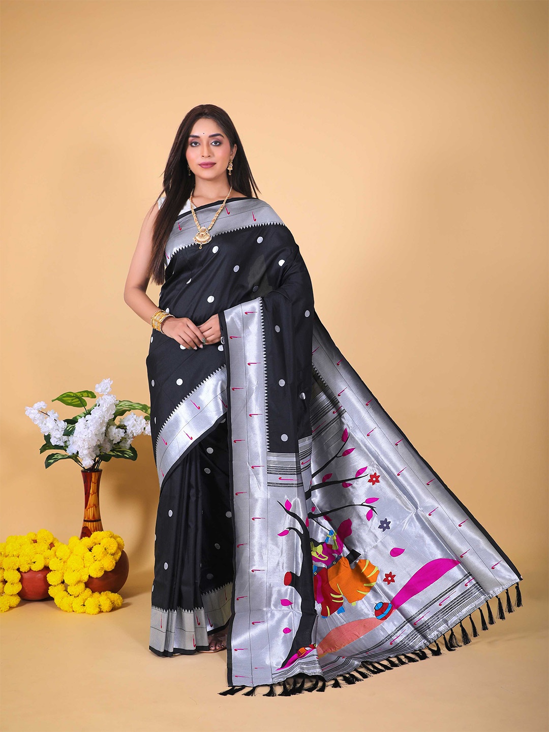 

Mitera Black & Pink Geometric Woven Design Zari Paithani Saree