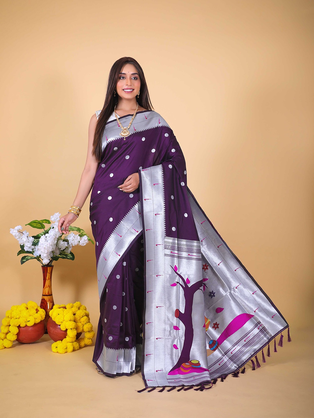 

Mitera Purple & Silver-Toned Geometric Woven Design Zari Sustainable Paithani Saree