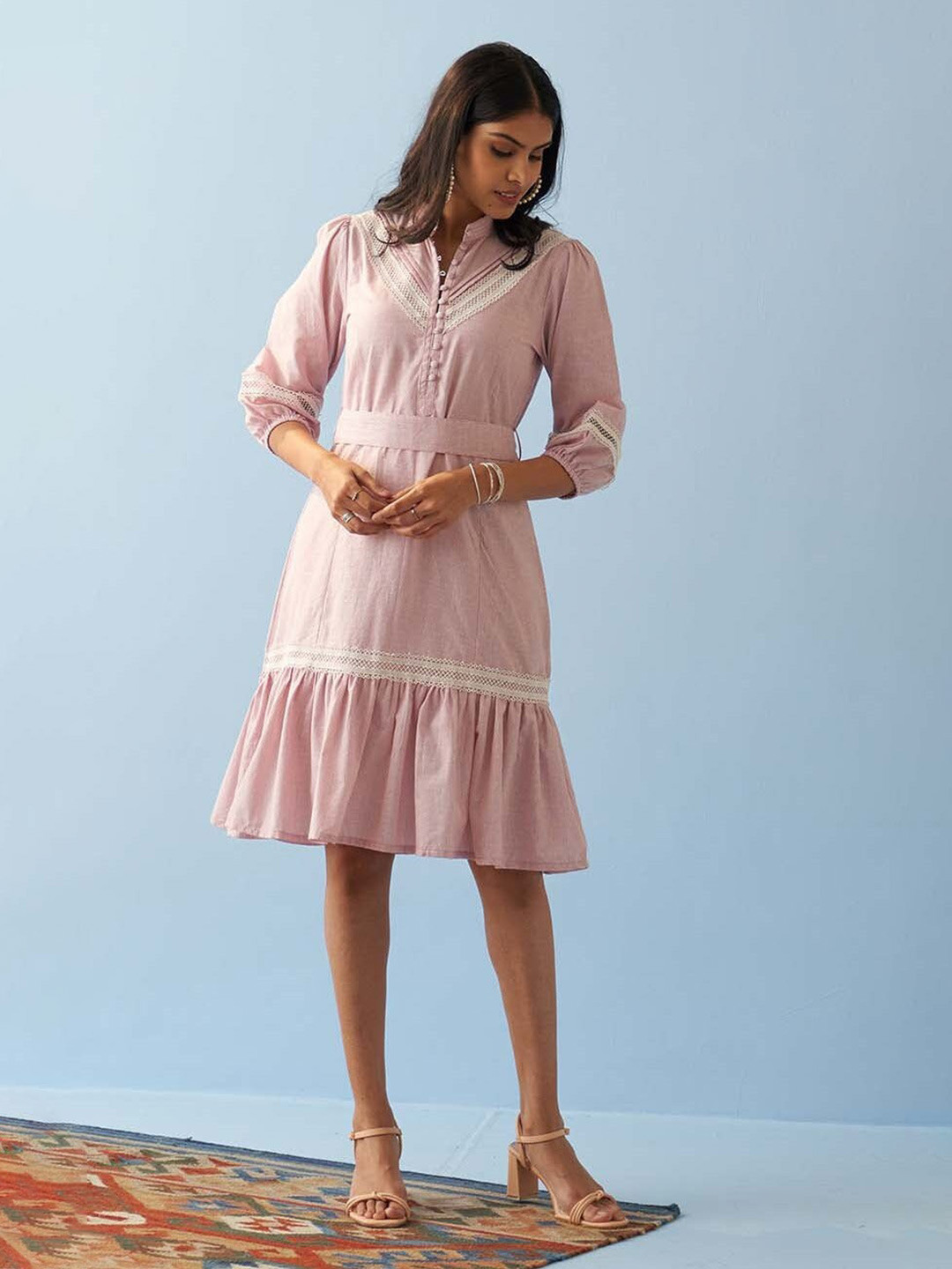 

Lakshita Puffed Sleeves Pure Cotton A-Line Dress With Belt, Pink