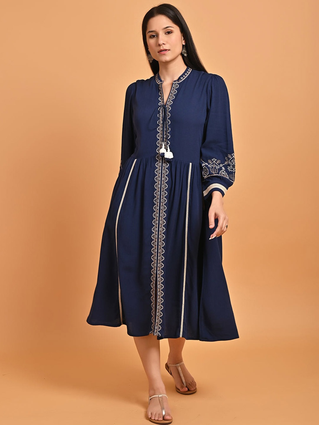 

Lakshita Ethnic Motifs Embroidered A-Line Midi Dress, Navy blue