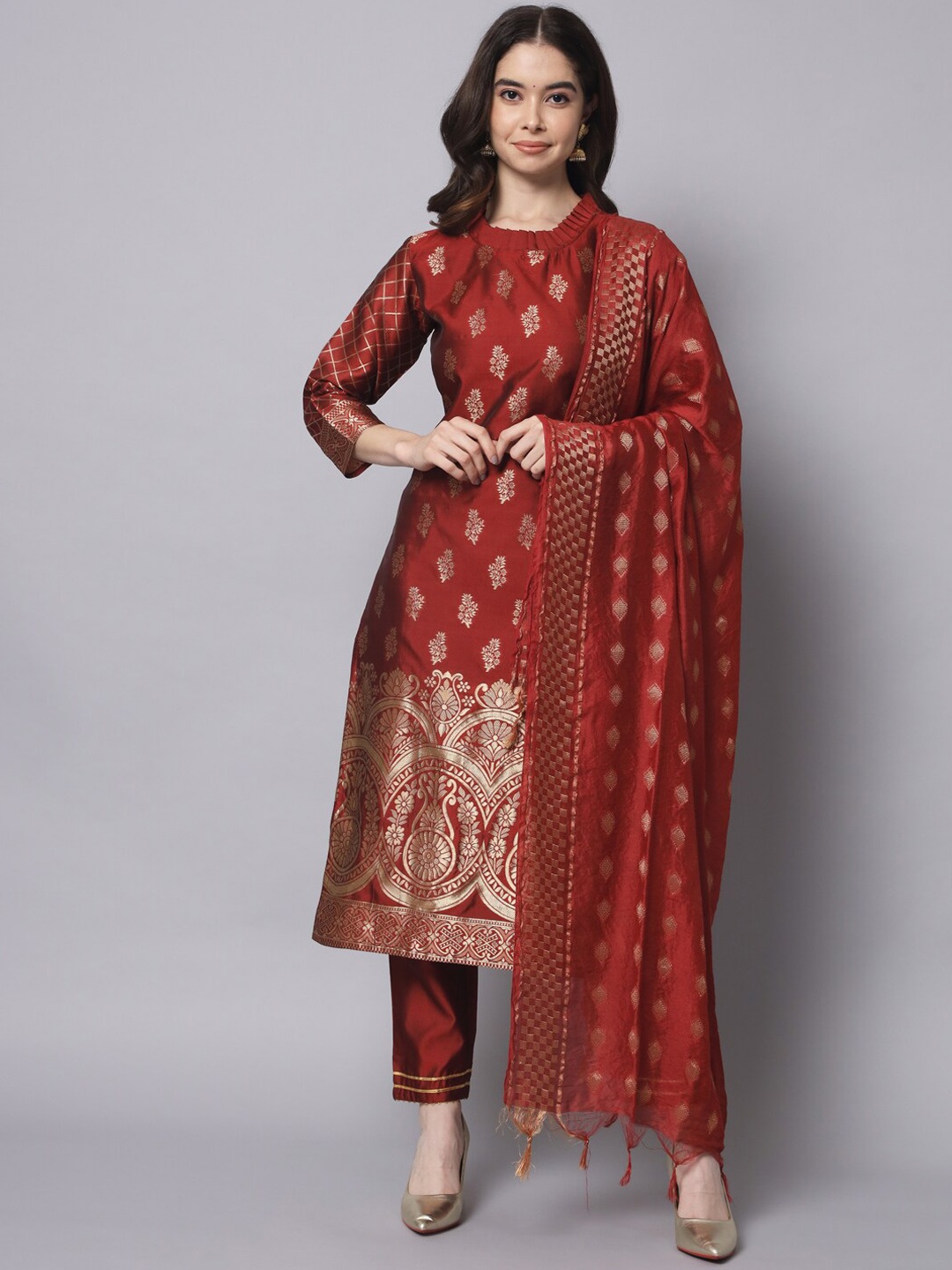 

KALINI Ethnic Motifs Woven Design Regular Kurta With Trousers & Dupatta, Maroon