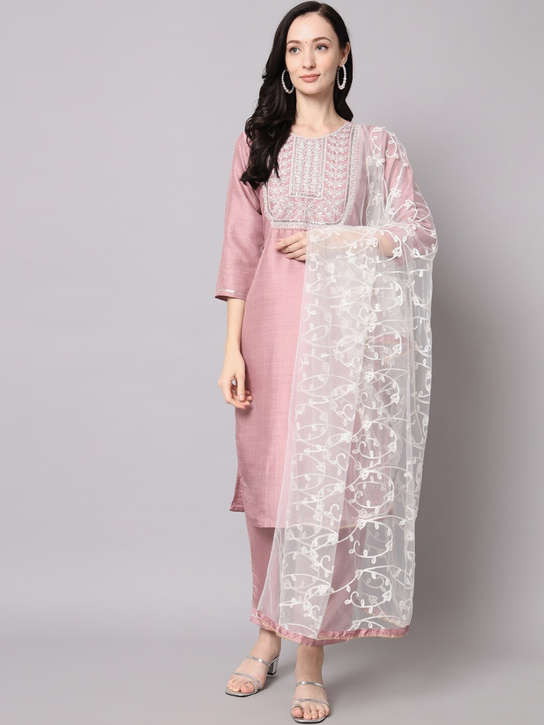 

KALINI Ethnic Motifs Embroidered Sequined Kurta with Trousers & Dupatta, Pink