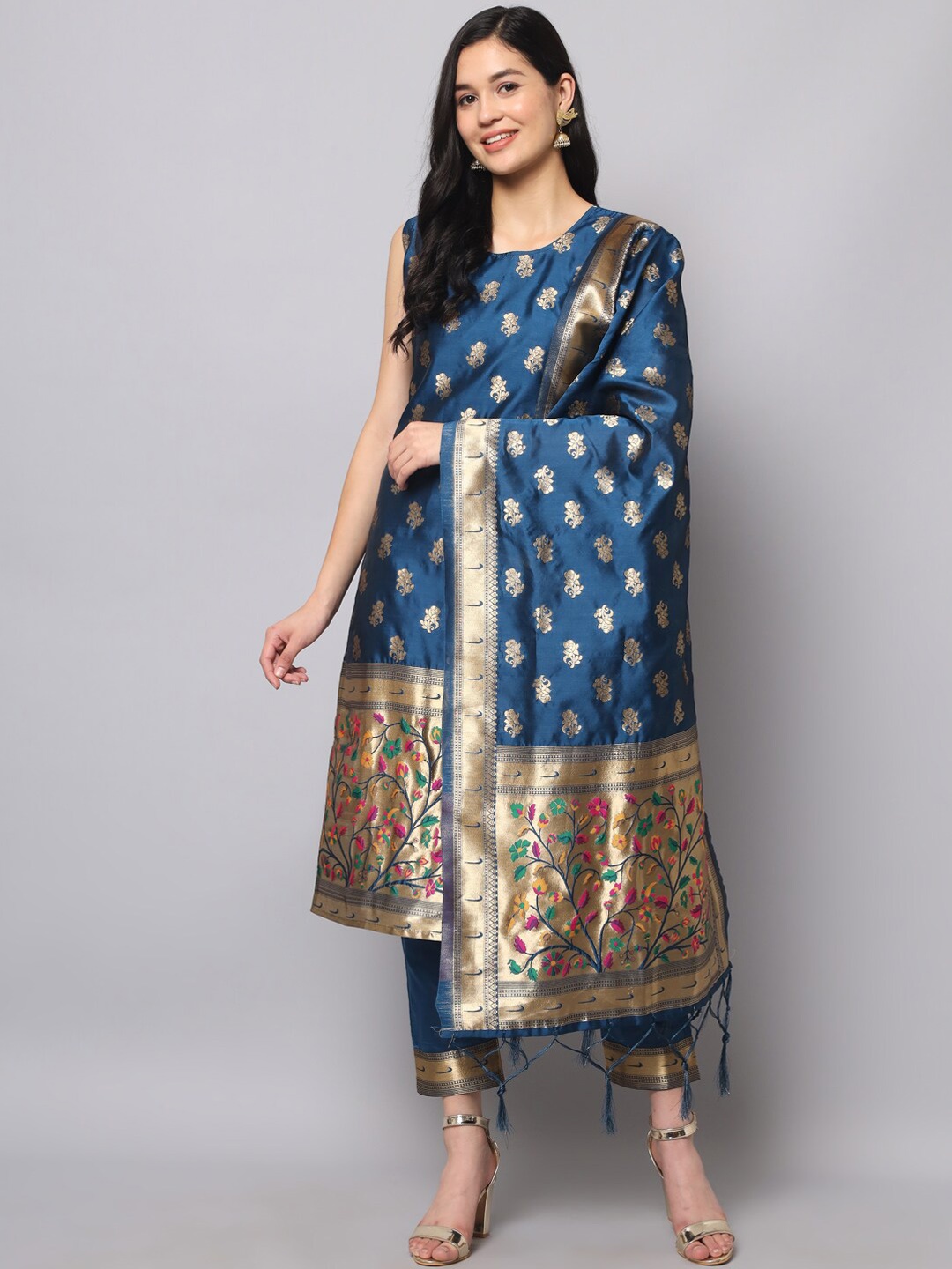 

KALINI Woven Design Regular Kurta with Trousers & With Dupatta, Navy blue