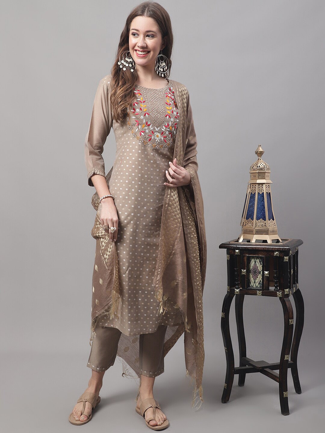 

KALINI Floral Yoke Design Thread Work Kurta with Trousers & With Dupatta, Brown