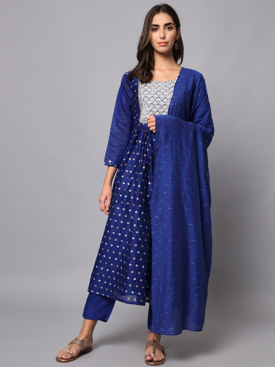 

KALINI Ethnic Motifs Embroidered Gotta Patti Kurta with Trousers & Dupatta, Blue