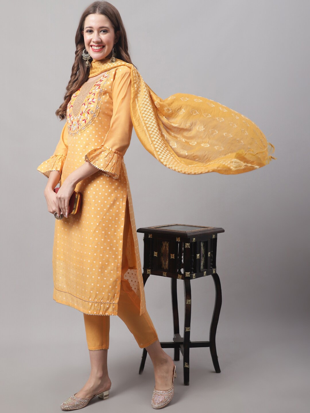 

KALINI Ethnic Motifs Embroidered Sequined Kurta with Trousers & Dupatta, Yellow