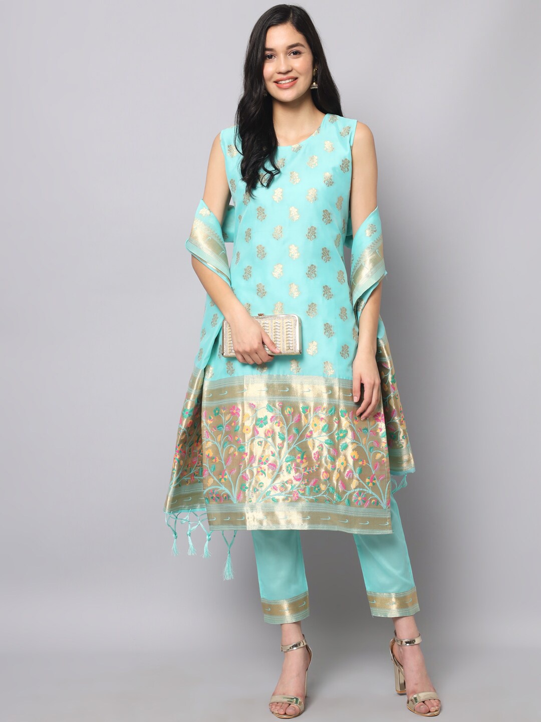 

KALINI Ethnic Motifs Woven Design Jacquard Kurta with Trousers & Dupatta, Turquoise blue