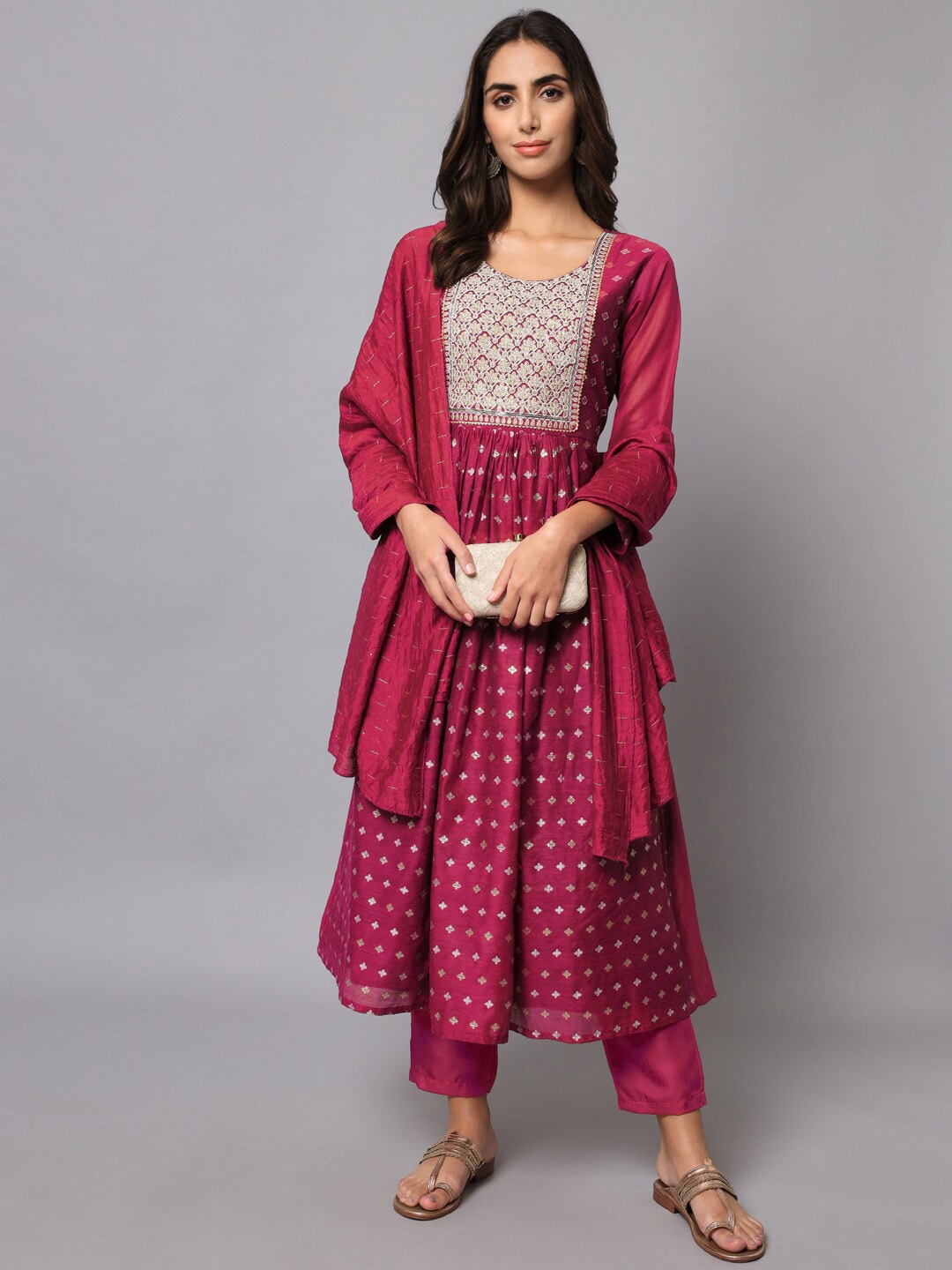 

KALINI Ethnic Motifs Printed Sequinned Kurta with Trousers & With Dupatta, Maroon