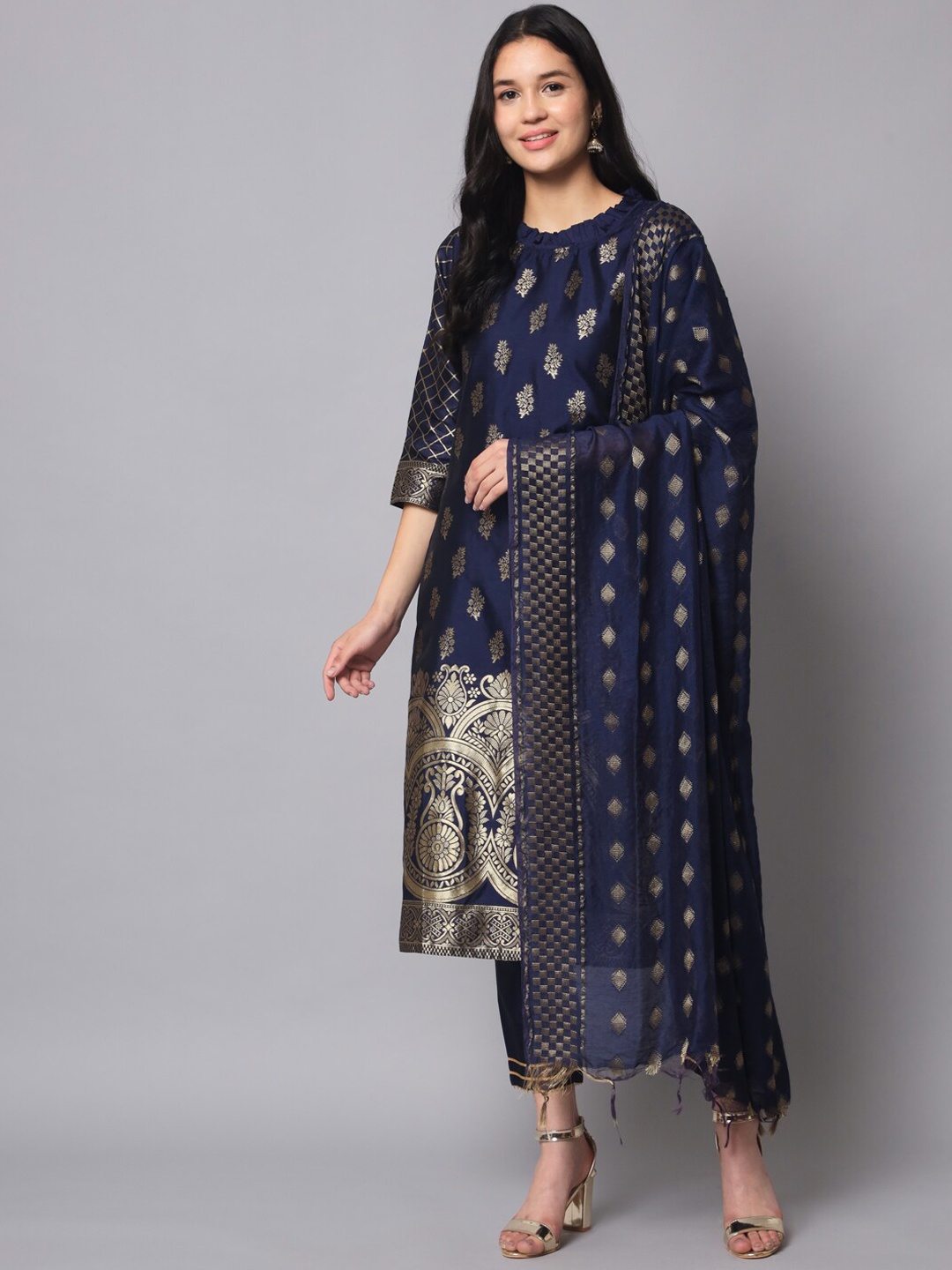 

KALINI Ethnic Motifs Woven Design Kurta with Trousers & Dupatta, Navy blue