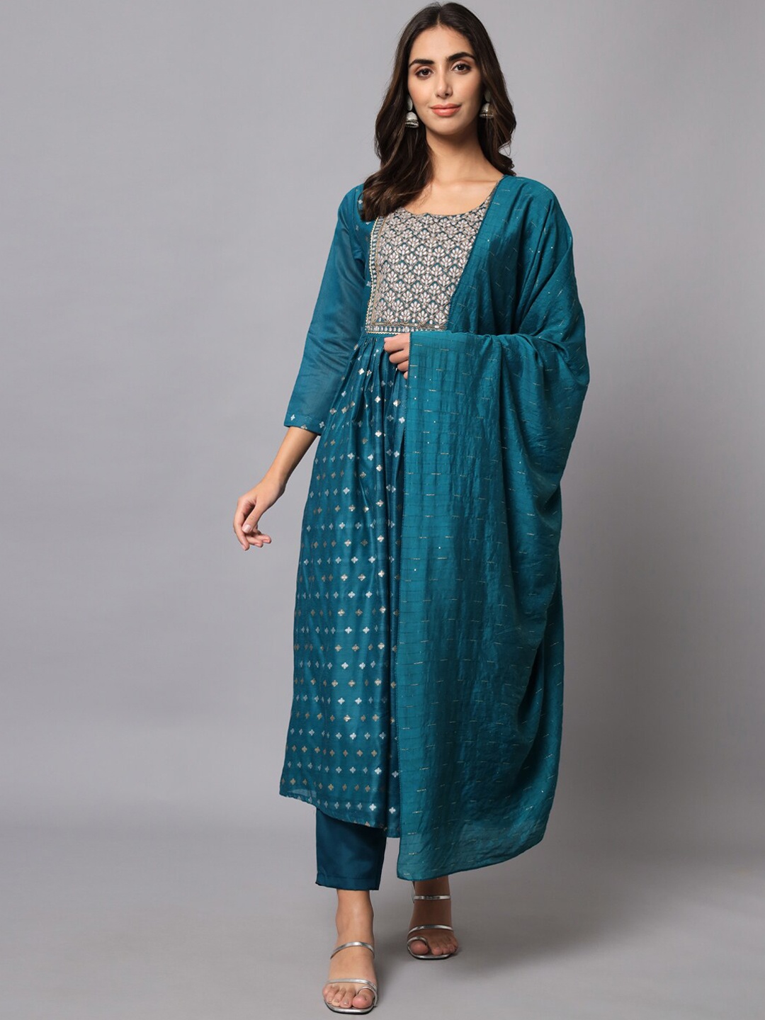 

KALINI Ethnic Motifs Woven Design Gotta Patti Kurta with Trousers & Dupatta, Teal