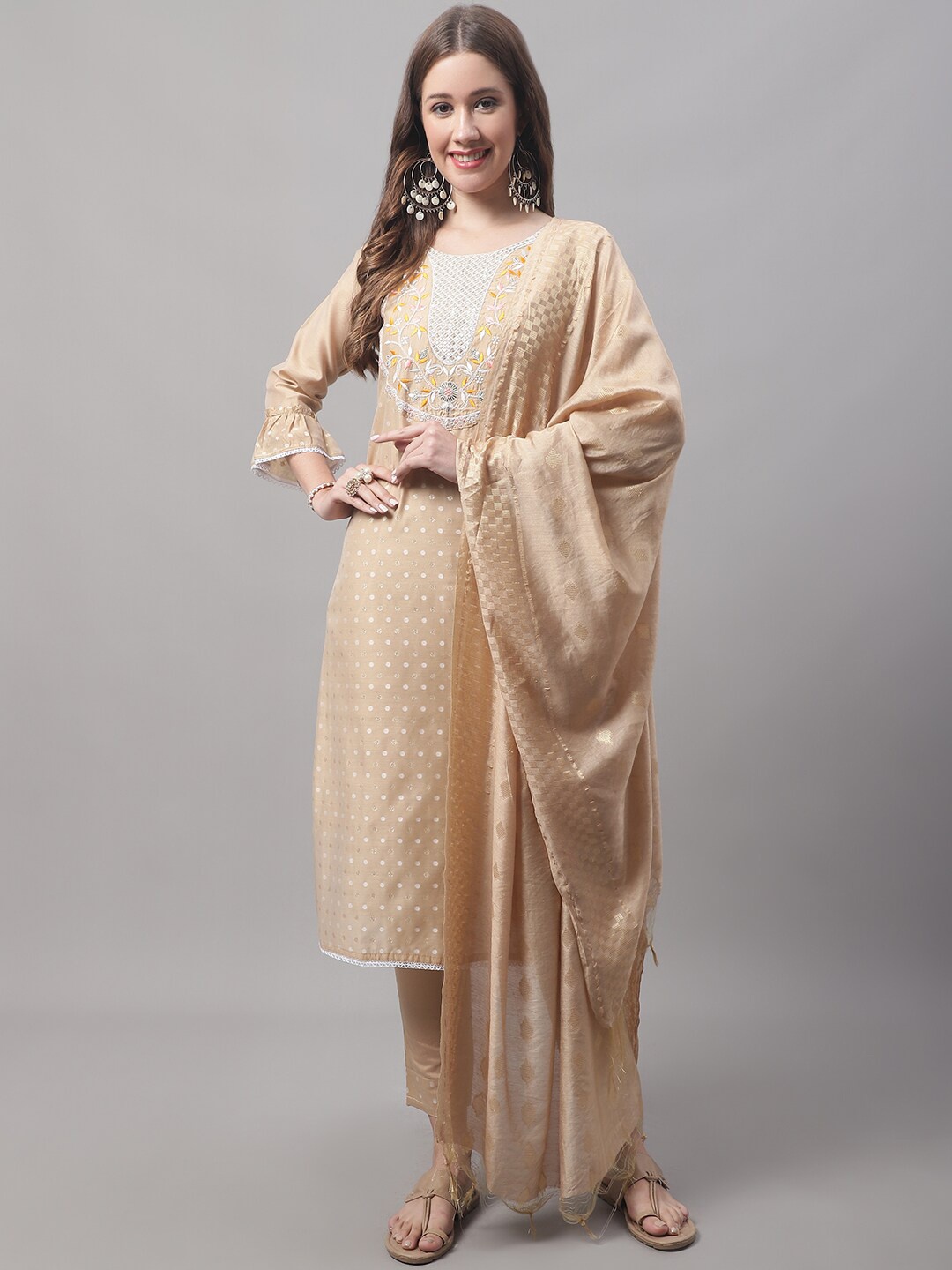

KALINI Ethnic Motifs Embroidered Sequined Kurta with Trousers & Dupatta, Beige