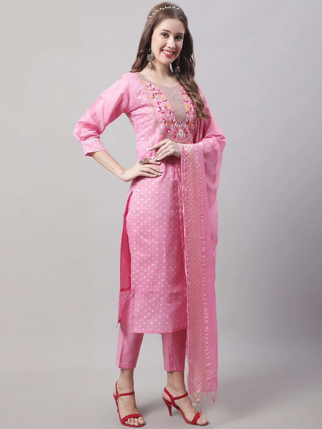 

KALINI Floral Yoke Design Thread Work Kurta with Trousers & With Dupatta, Pink