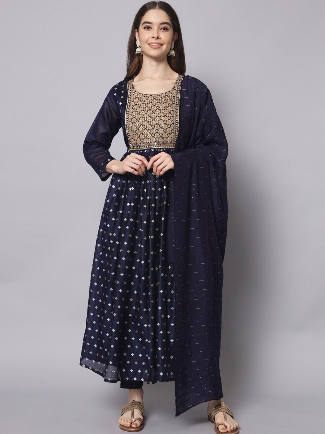 

KALINI Ethnic Motifs Printed Thread Work Kurta with Trousers & With Dupatta, Navy blue