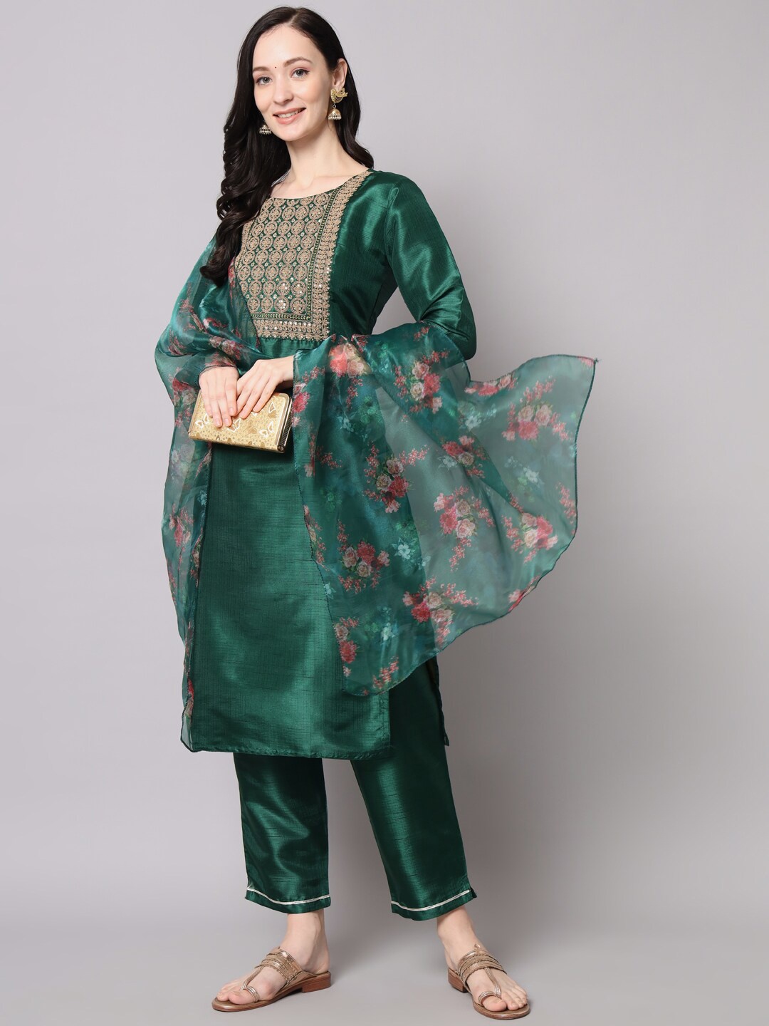 

KALINI Ethnic Motifs Embroidered Sequined Zari Kurta with Trousers & Dupatta, Green