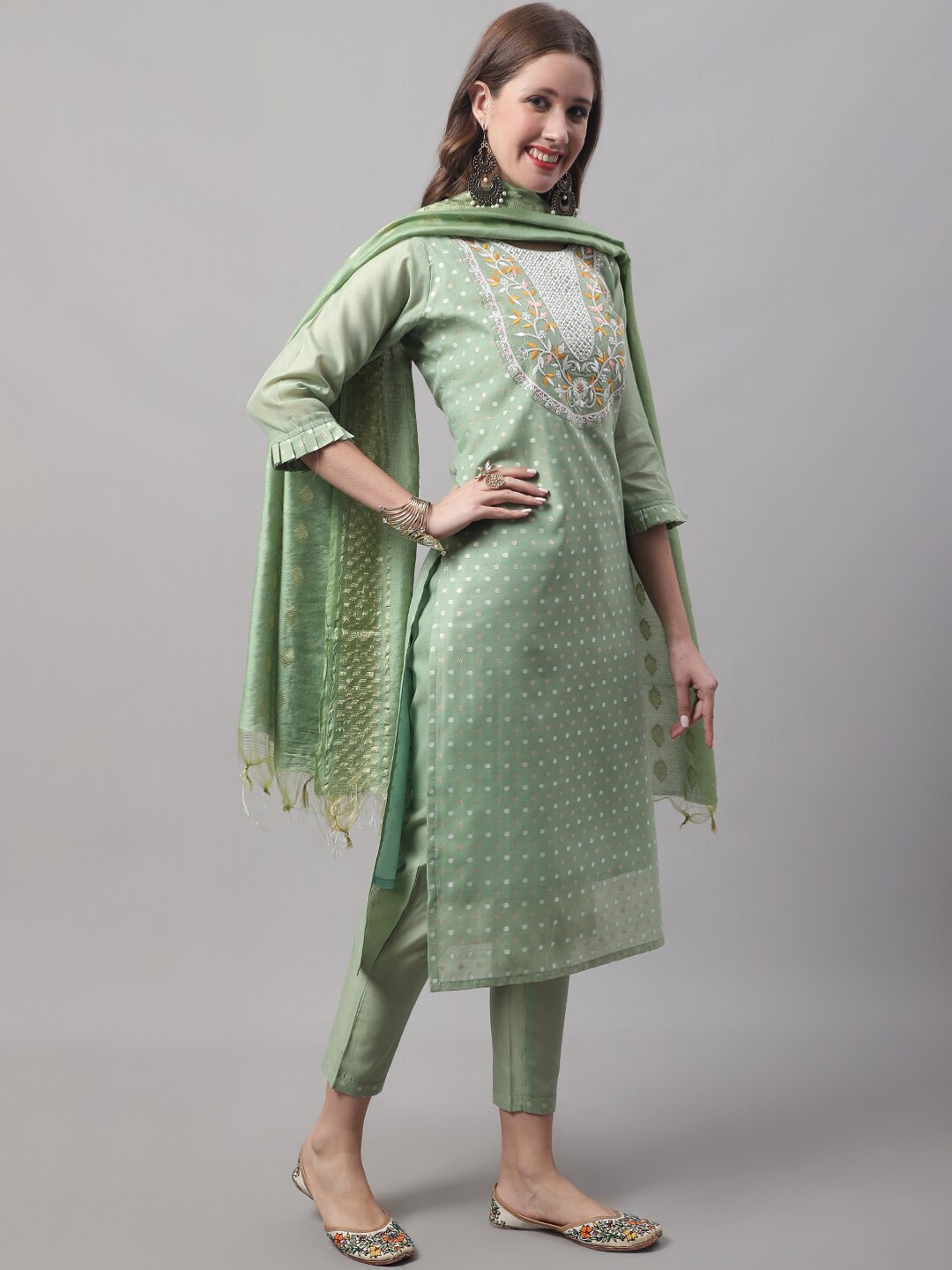 

KALINI Floral Yoke Design Thread Work Kurta with Trousers & With Dupatta, Green