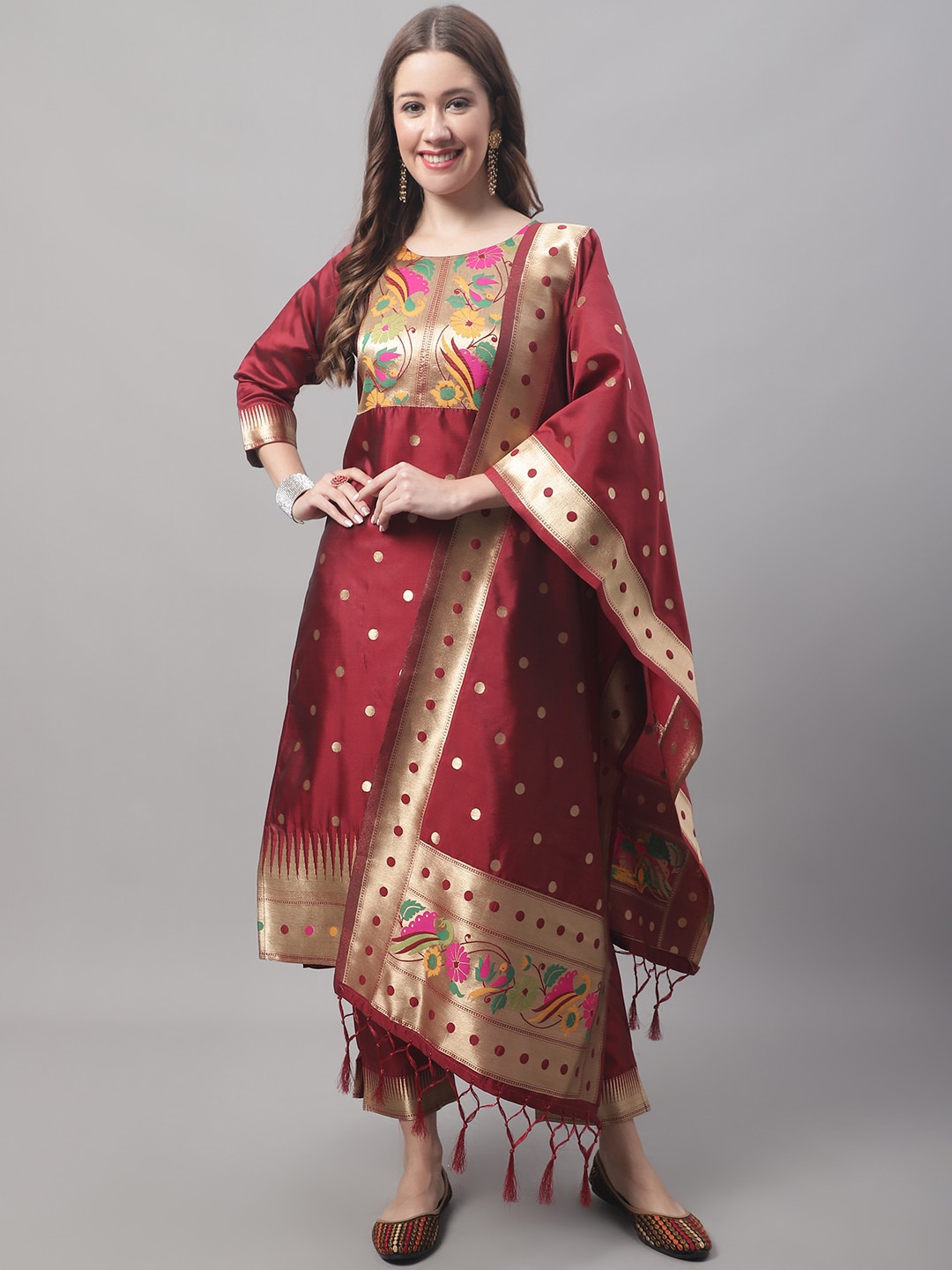 

KALINI Ethnic Motifs Woven Design Kurta with Trousers & Dupatta, Maroon