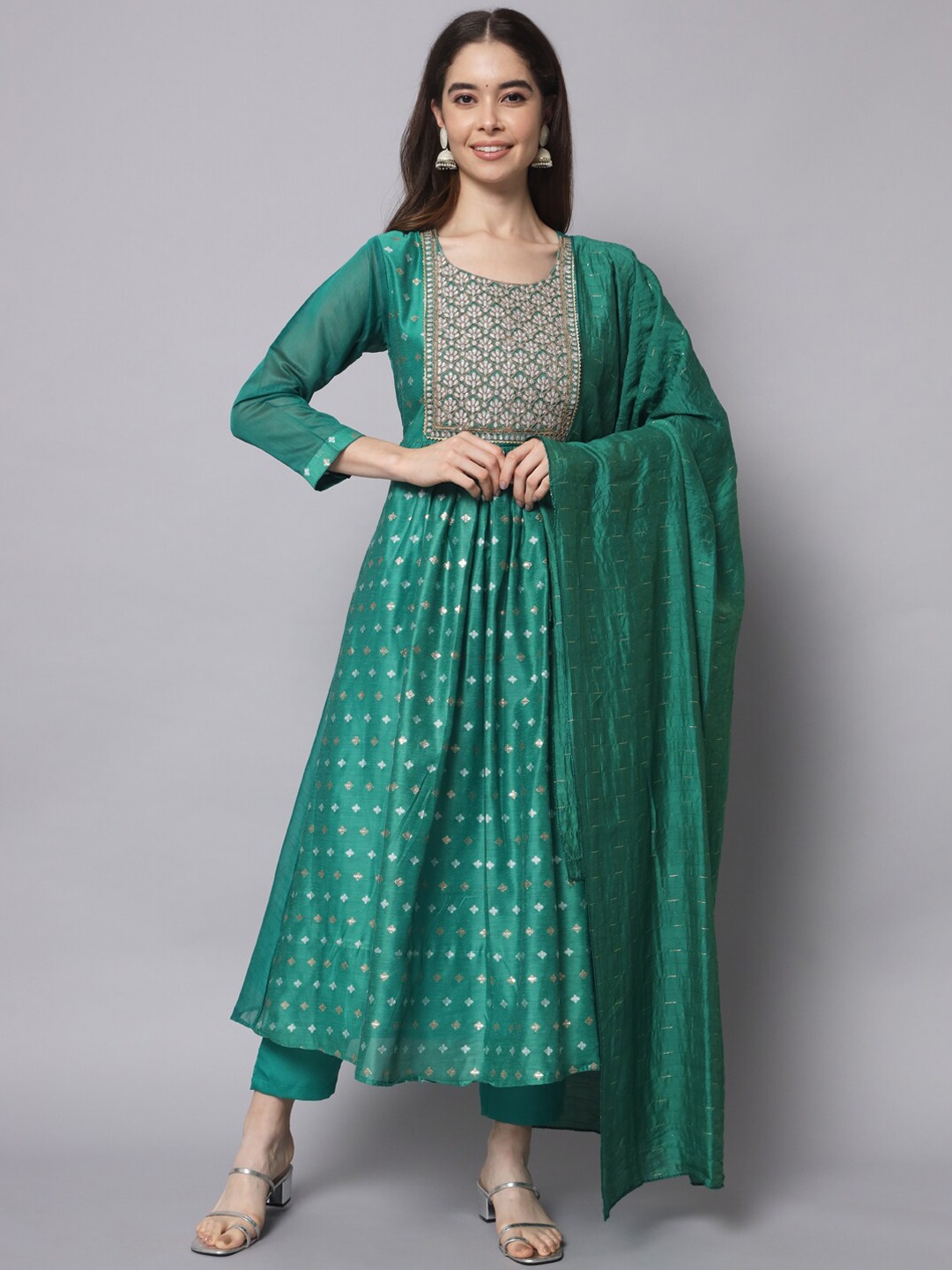 

KALINI Ethnic Motifs Woven Design Sequined Kurta with Trousers & Dupatta, Green