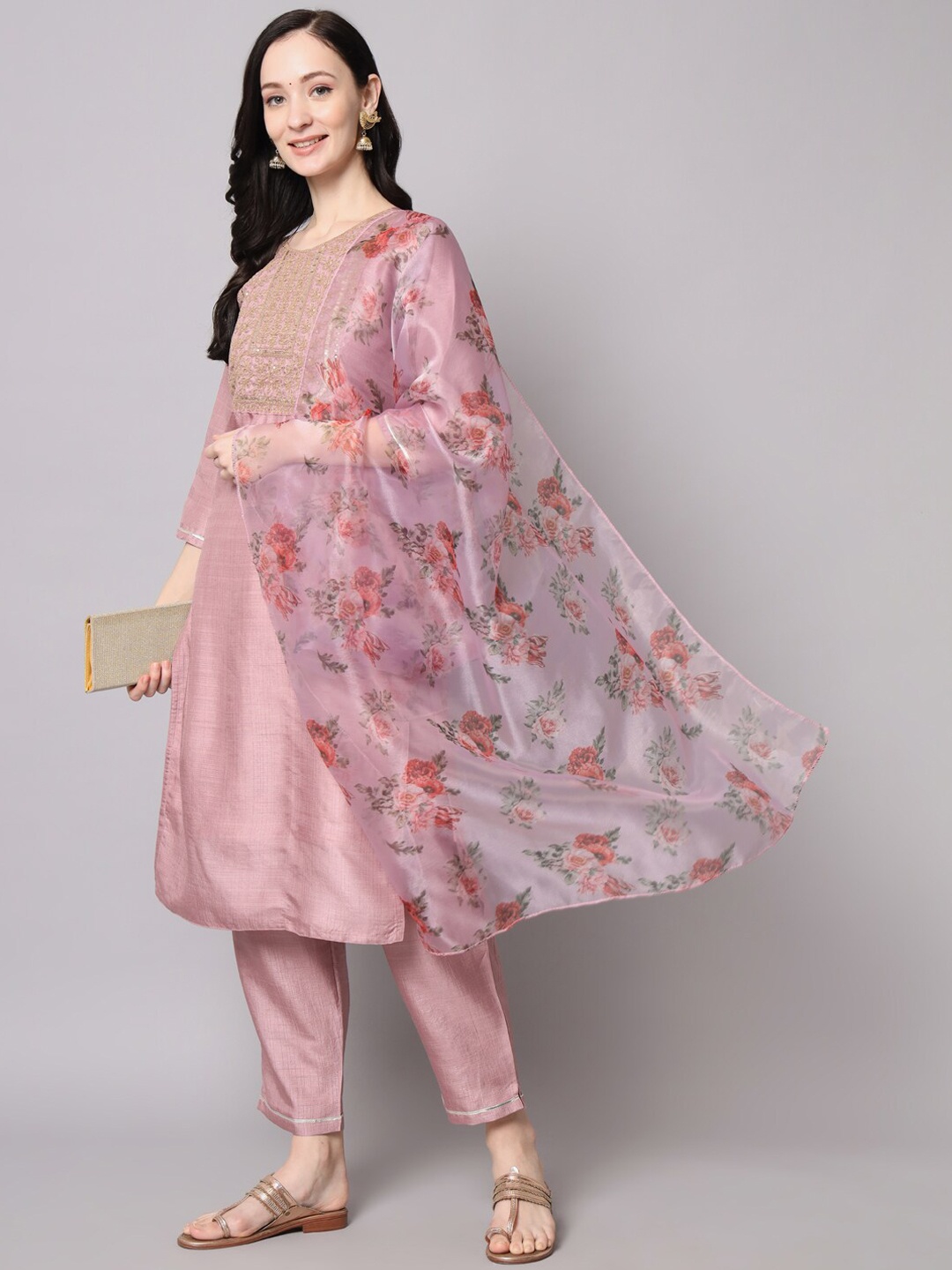 

KALINI Ethnic Motifs Embroidered Zari Sequined Kurta with Trousers & Dupatta, Mauve