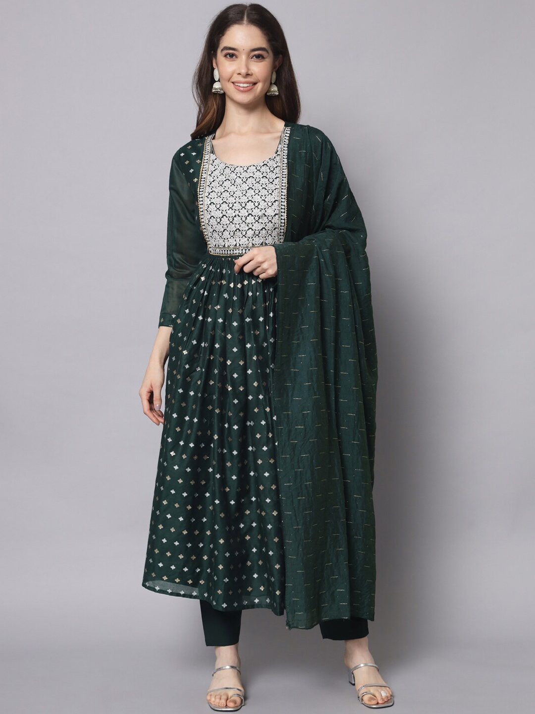 

KALINI Ethnic Motifs Embroidered Gotta Patti Kurta with Trousers & Dupatta, Green