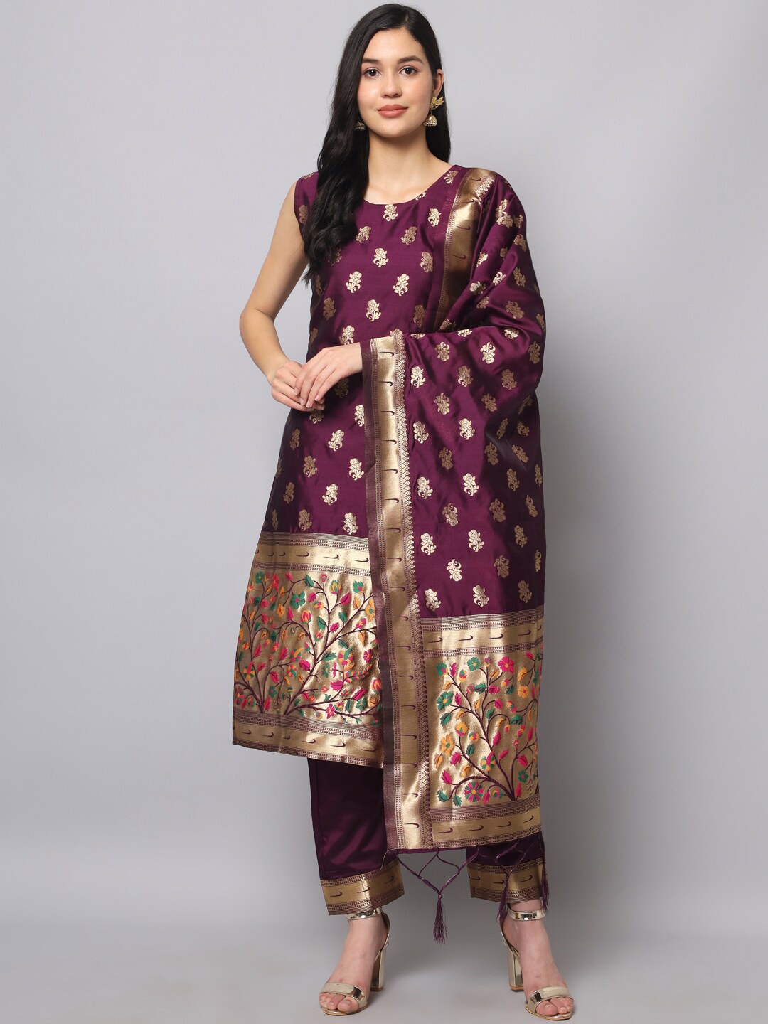 

KALINI Sleeveless Ethnic Motifs Woven Design Kurta with Trousers & Dupatta, Purple