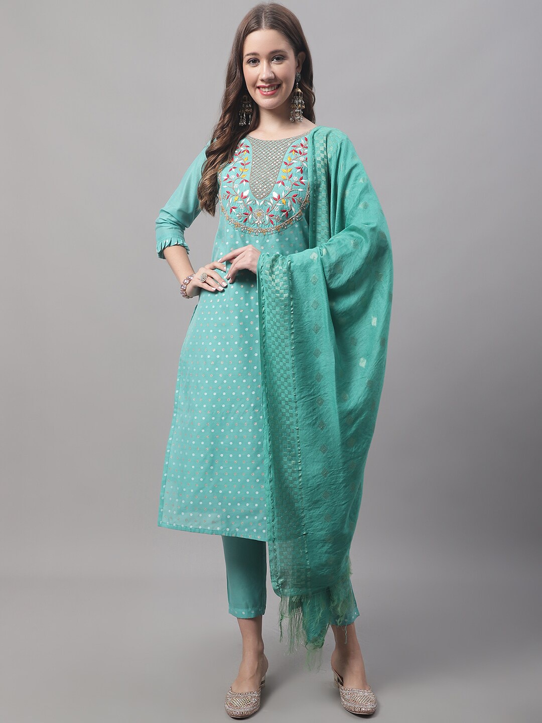 

KALINI Ethnic Motifs Embroidered Sequined Kurta with Trousers & Dupatta, Turquoise blue