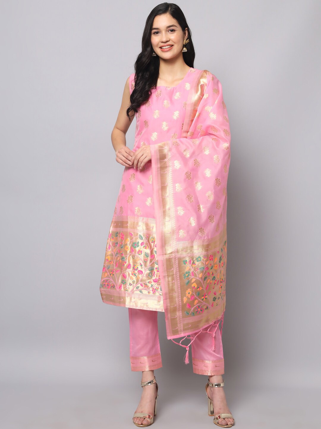 

KALINI Sleeveless Ethnic Motifs Woven Design Kurta with Trousers & Dupatta, Pink