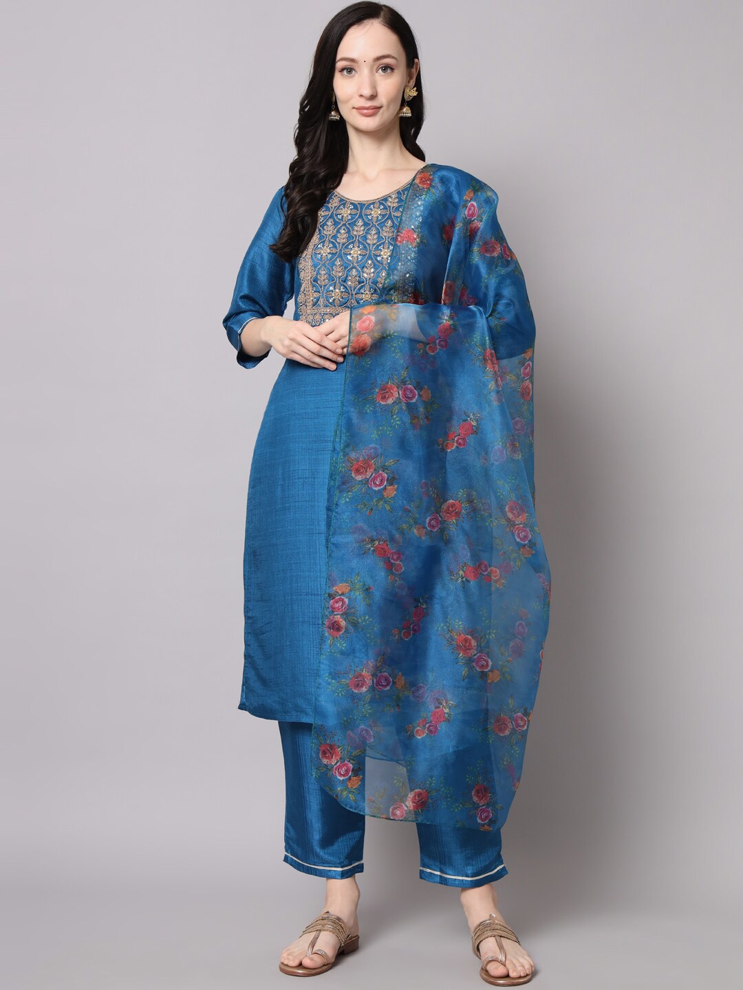 

KALINI Ethnic Motifs Yoke Design Sequinned Kurta with Trousers & With Dupatta, Blue