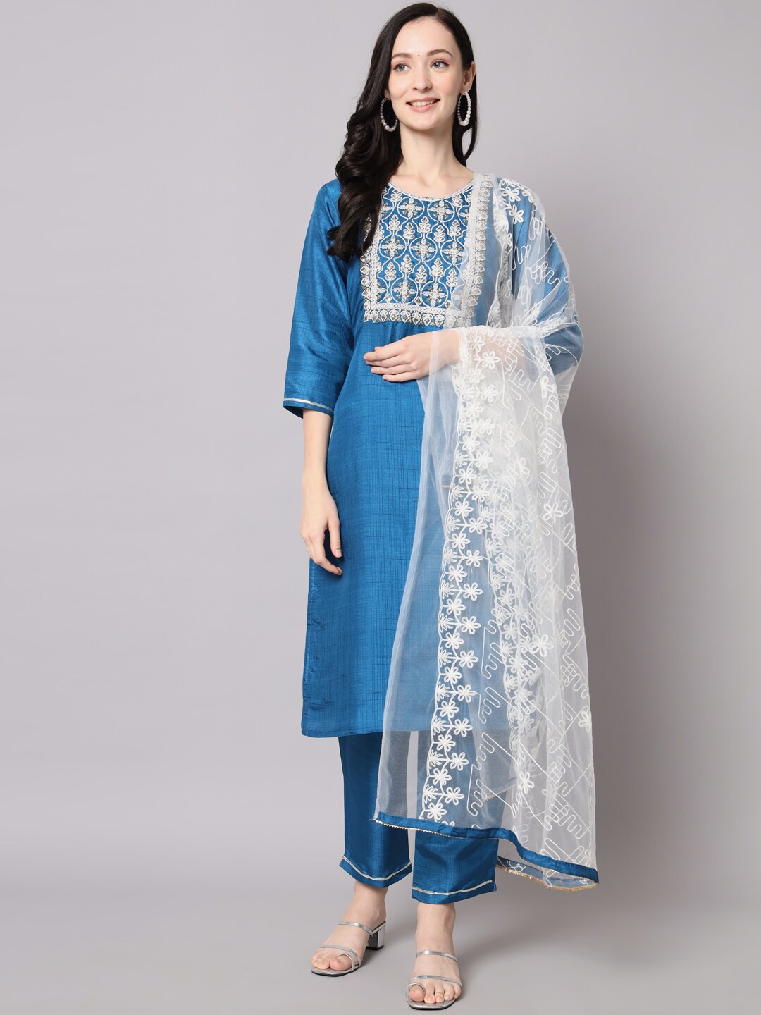 

KALINI Ethnic Motifs Yoke Design Sequinned Kurta with Trousers & With Dupatta, Teal