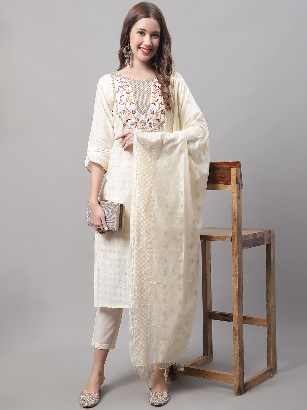 

KALINI Floral Yoke Design Thread Work Kurta with Trousers & With Dupatta, White