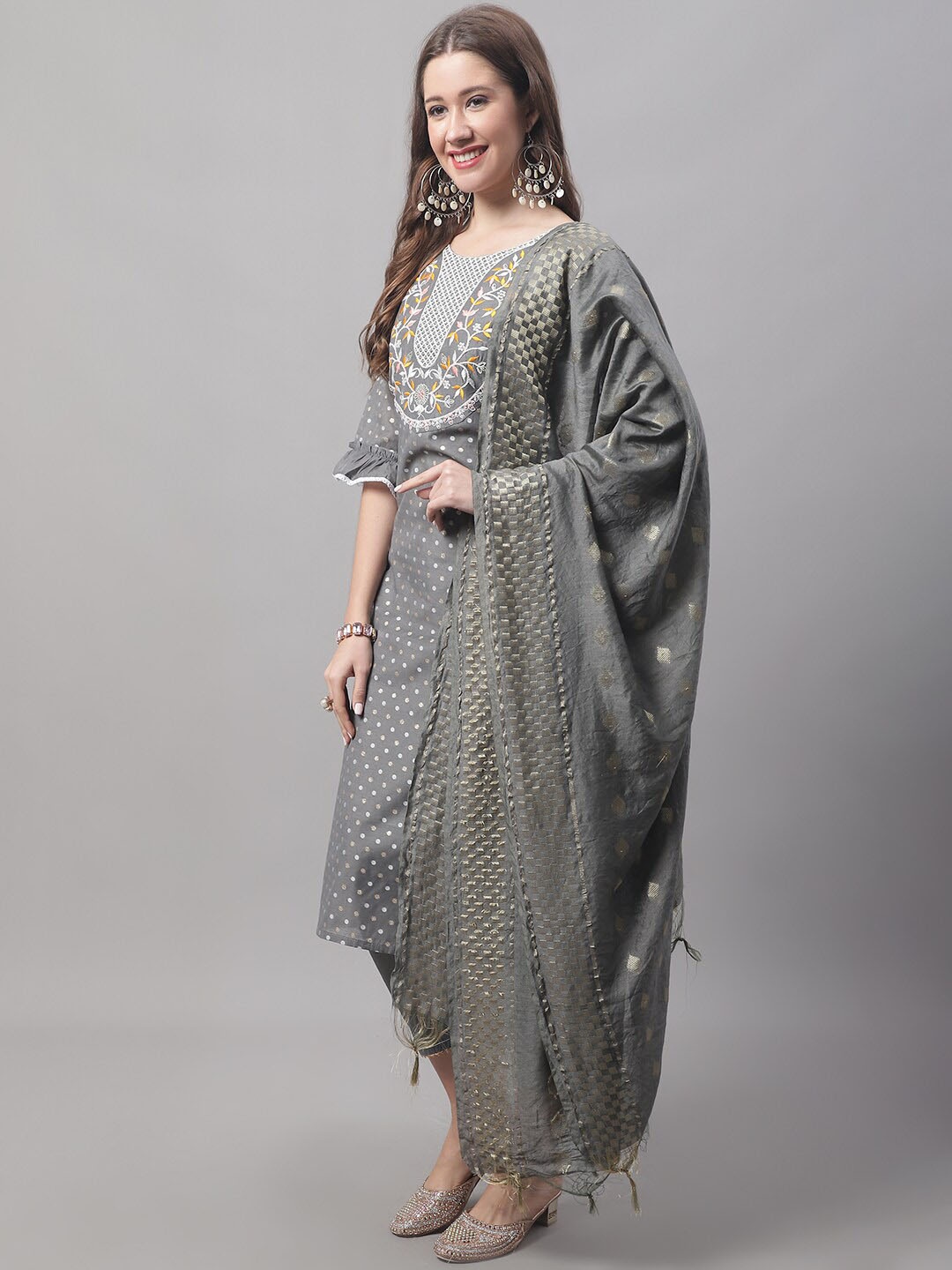 

KALINI Ethnic Motifs Embroidered Sequined Kurta with Trousers & Dupatta, Grey