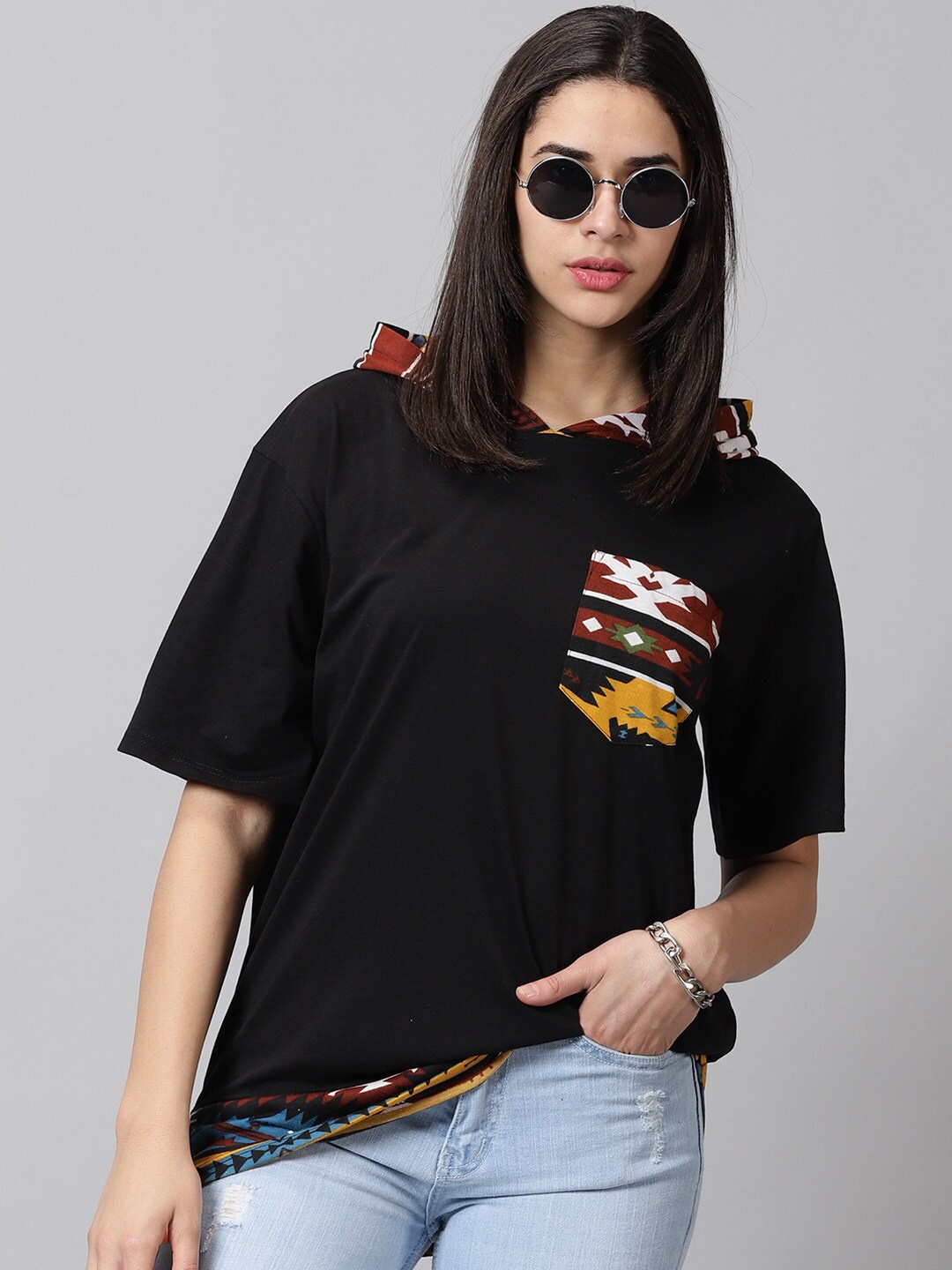 

Rodzen Tribal Printed Hooded Oversized T-Shirt, Black