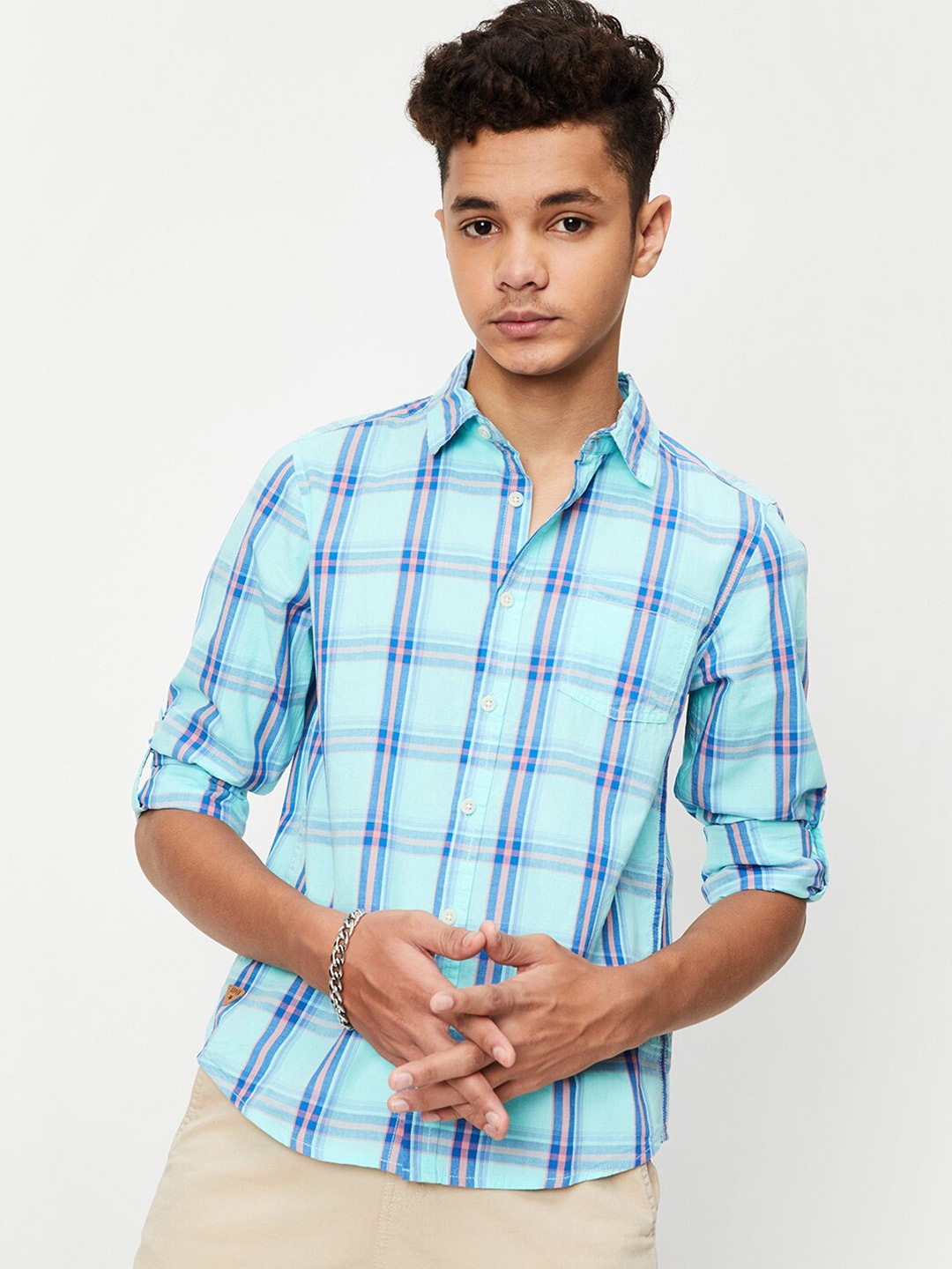 

max Boys Tartan Checked Pure Cotton Casual Shirt, Blue