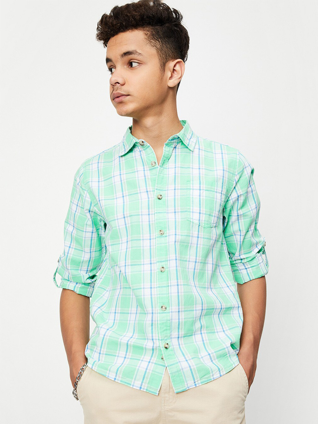 

max Boys Tartan Checked Pure Cotton Casual Shirt, Green