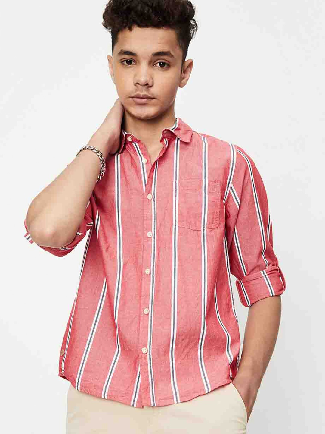 

max Boys Vertical Striped Opaque Pure Cotton Casual Shirt, Red
