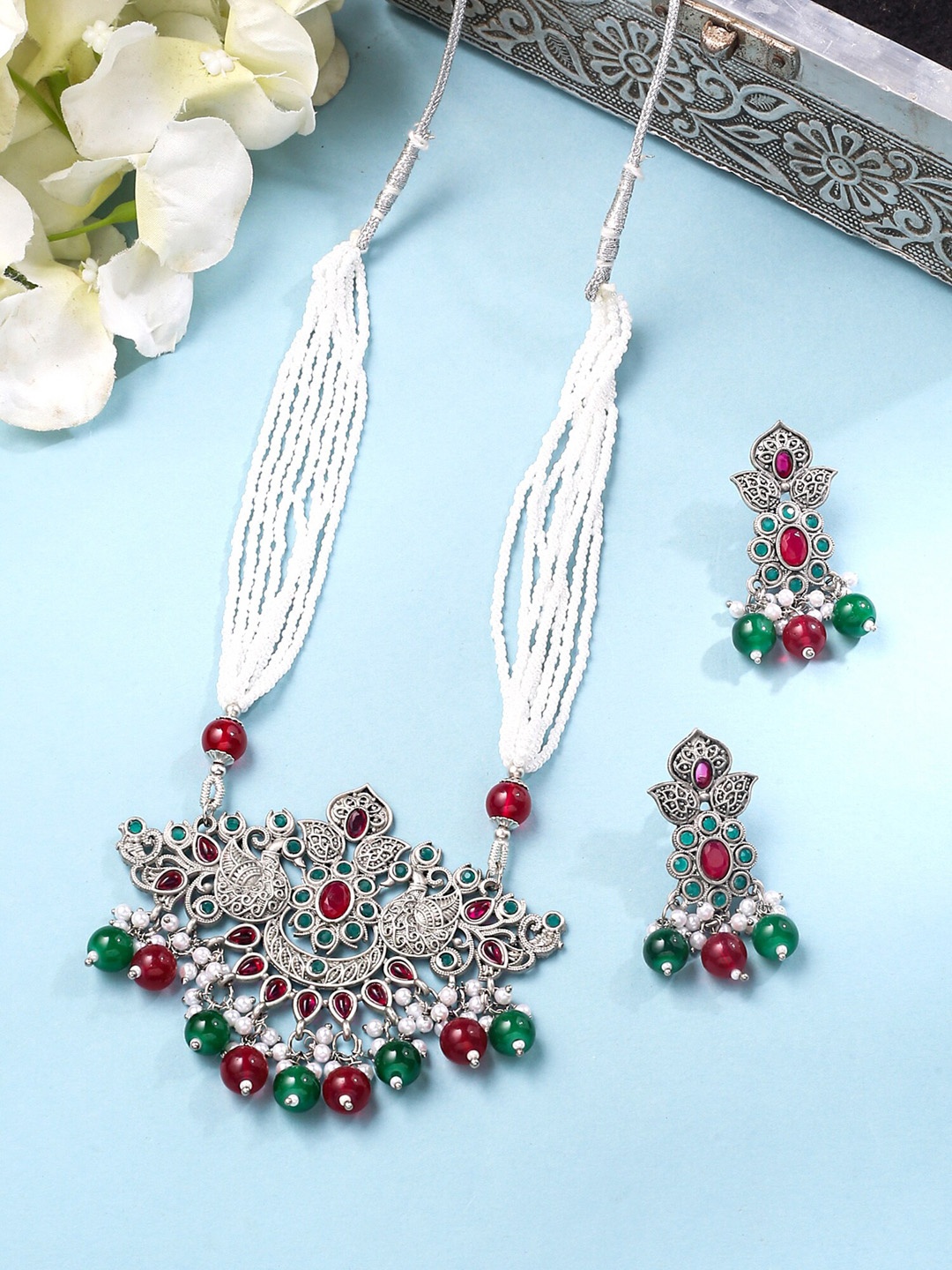 

Yellow Chimes Gold-Plated Stone-Studded & Beaded Necklace & Earrings, Red