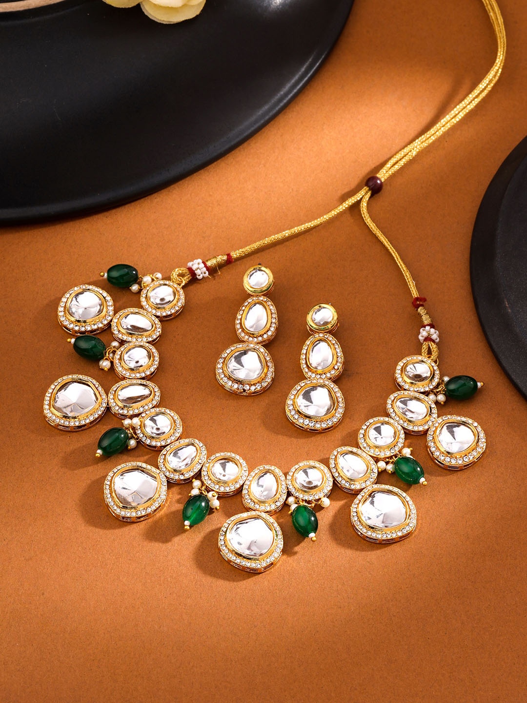 

Yellow Chimes Gold-Plated Kundan Studded & Beaded Necklace & Earrings