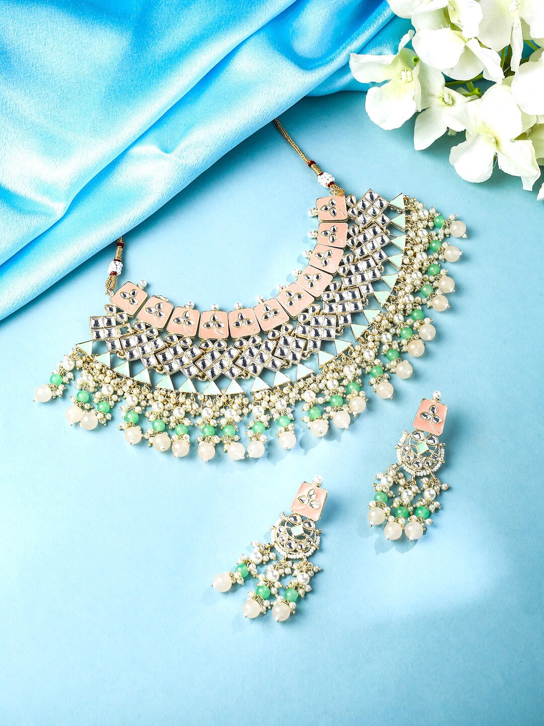 

Yellow Chimes Gold-Plated Kundan-Studded & Beaded Necklace & Earrings