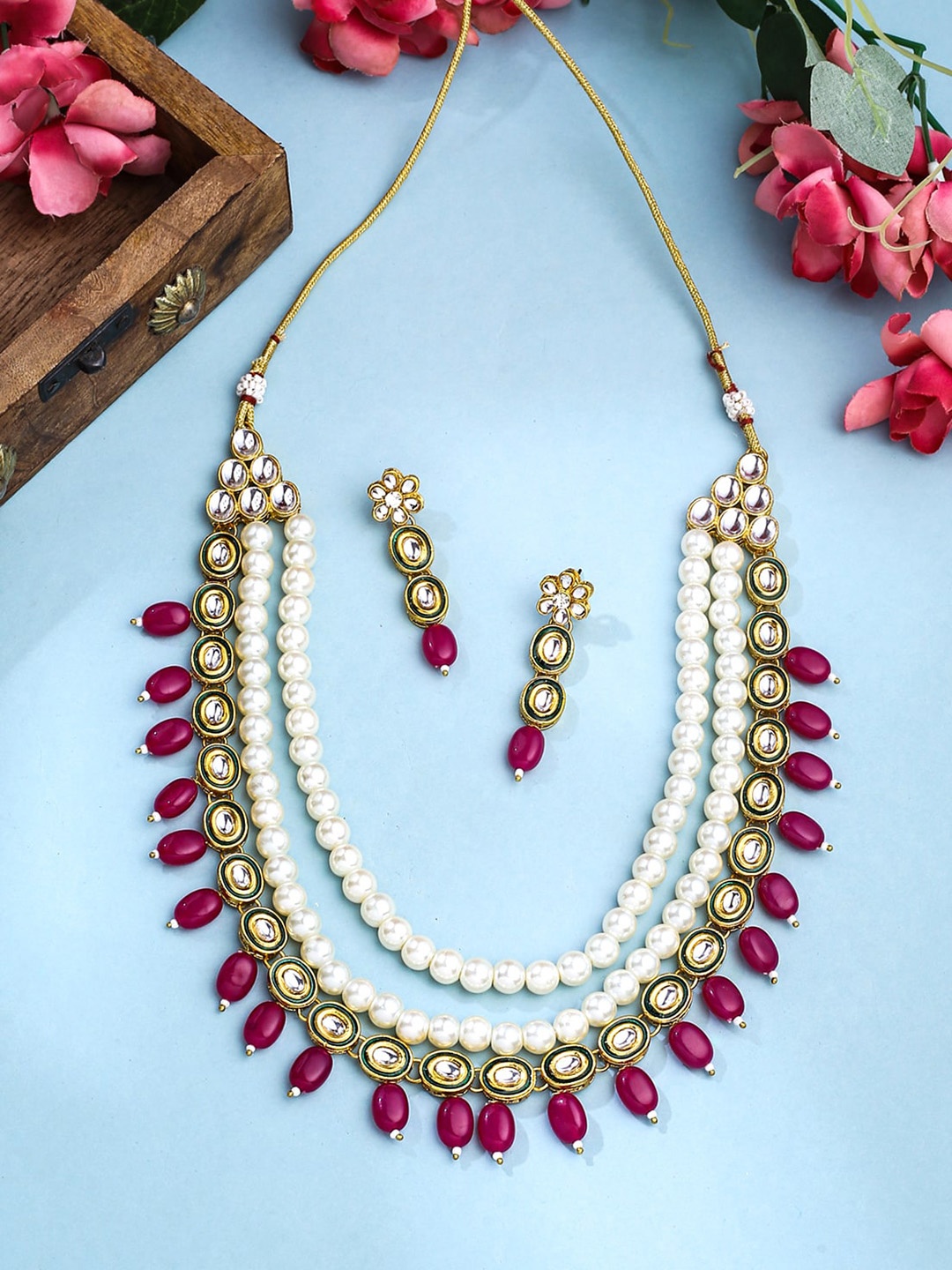 

Yellow Chimes Gold-Plated Stone Studded & Beaded Necklace & Earrings