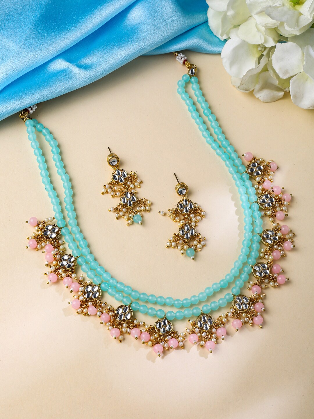 

Yellow Chimes Gold-Plated Stone Studded & Beaded Necklace & Earrings