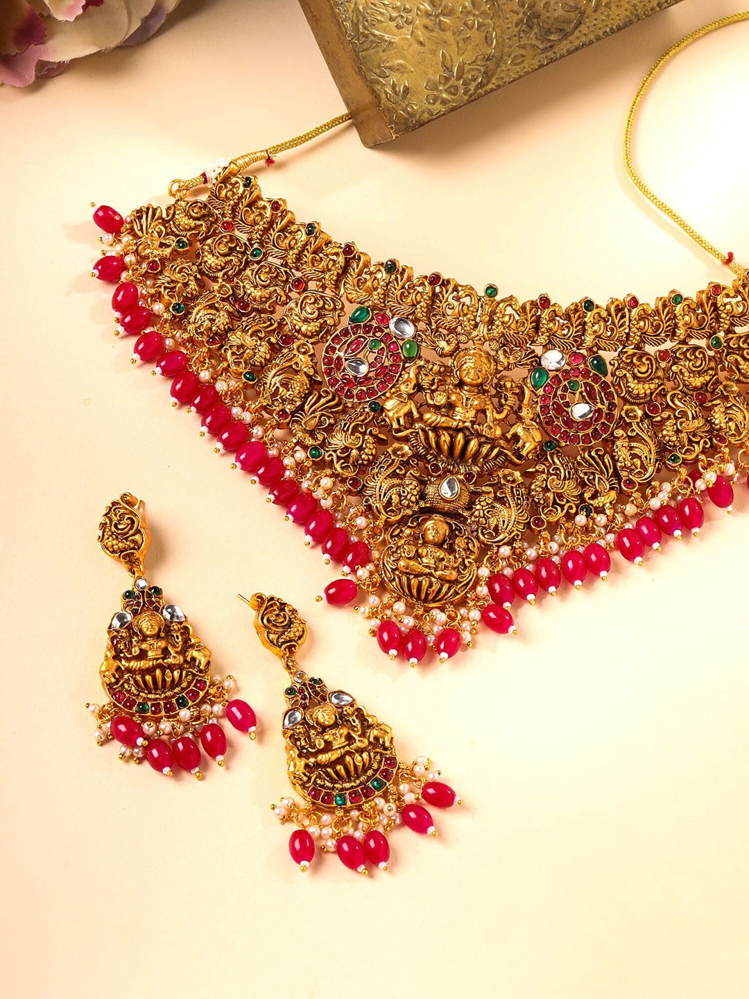 

Yellow Chimes Gold-Plated Stone Studded & Beaded Temple Necklace & Earrings