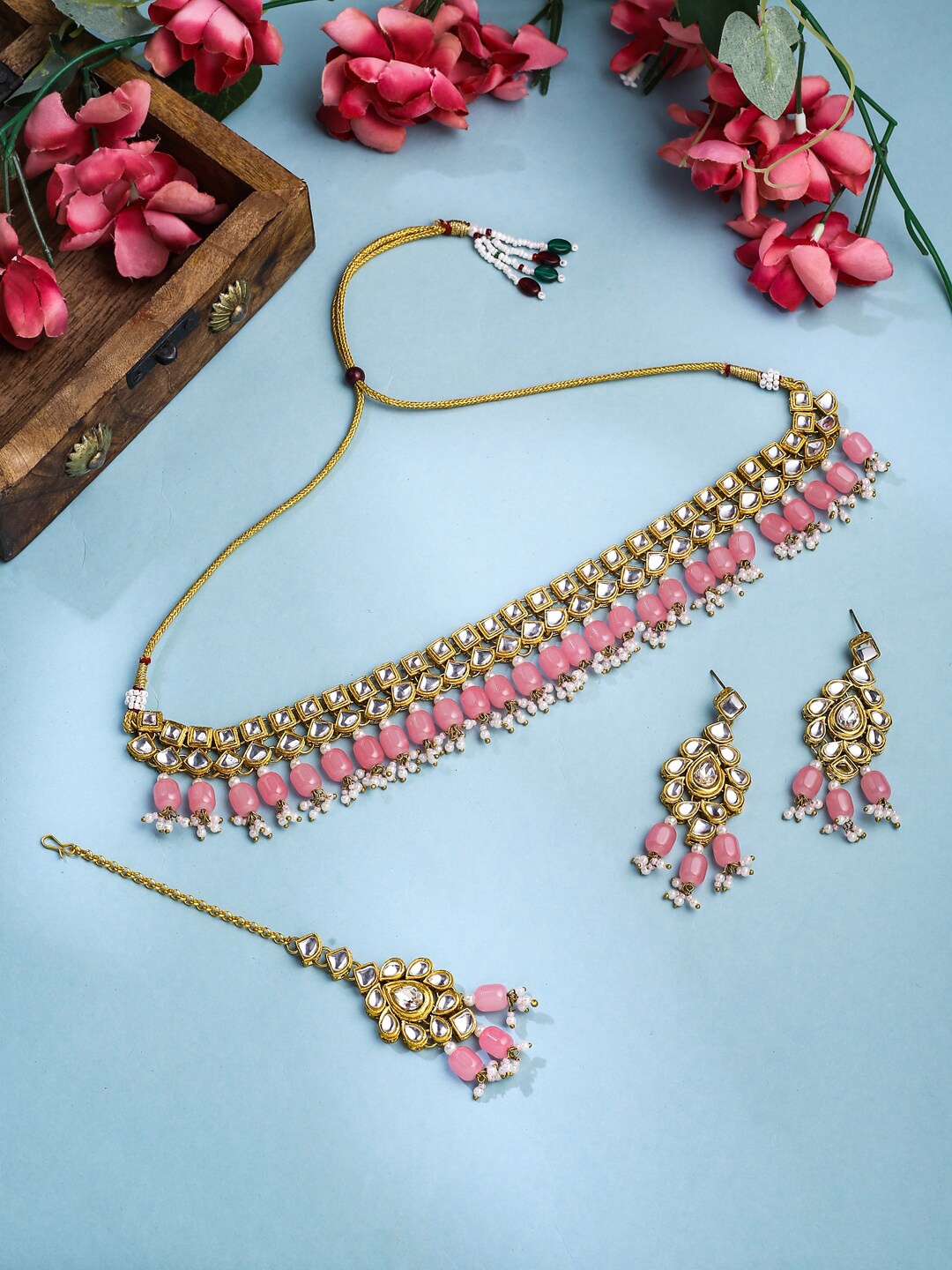 

Yellow Chimes Gold-Plated Kundan Studded & Beaded Necklace & Earrings