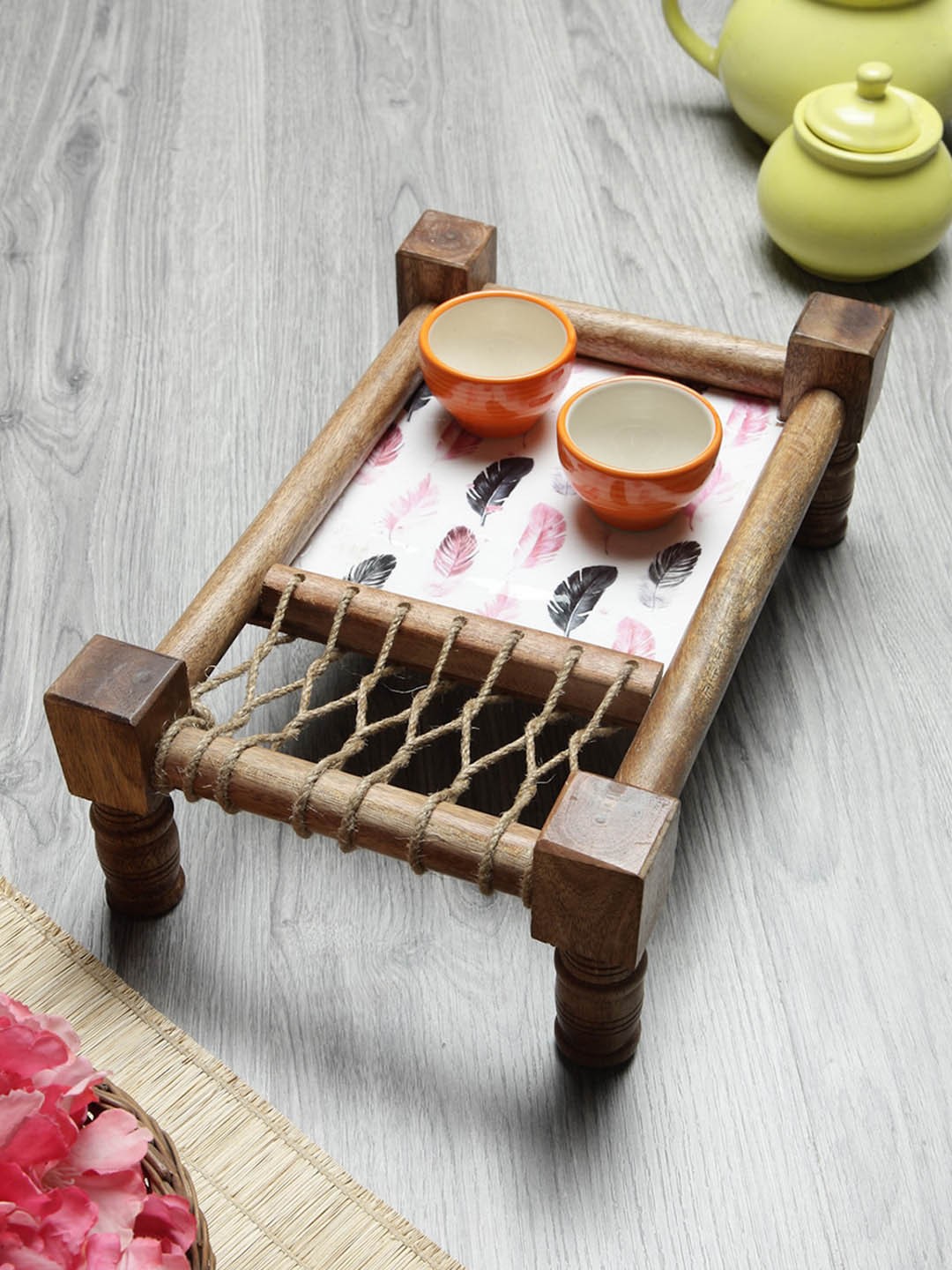 

FABINALIV White & Pink Printed Wooden Cot Serving Tray