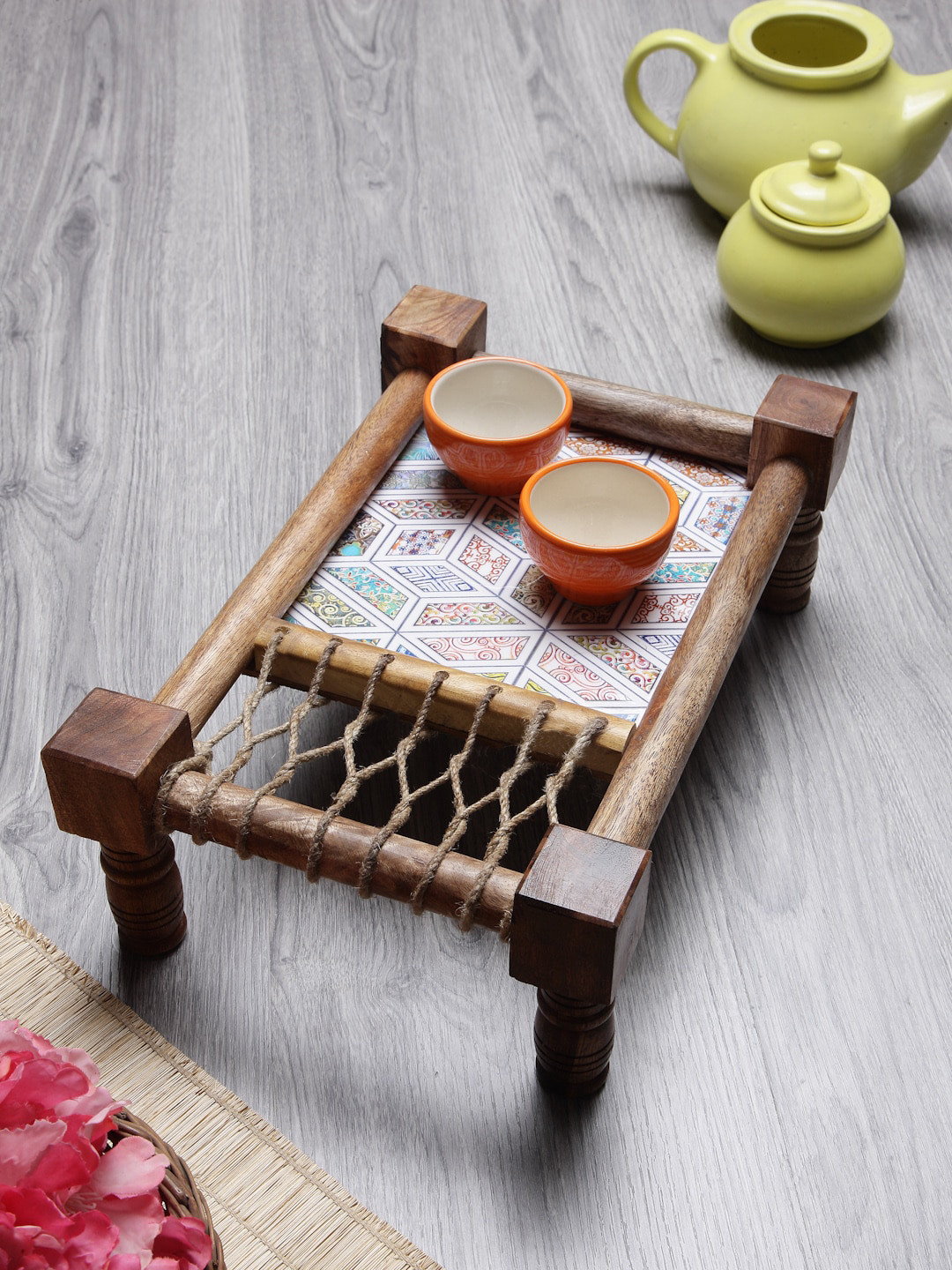 

FABINALIV Brown & White Geometric Wooden Cot Serving Tray