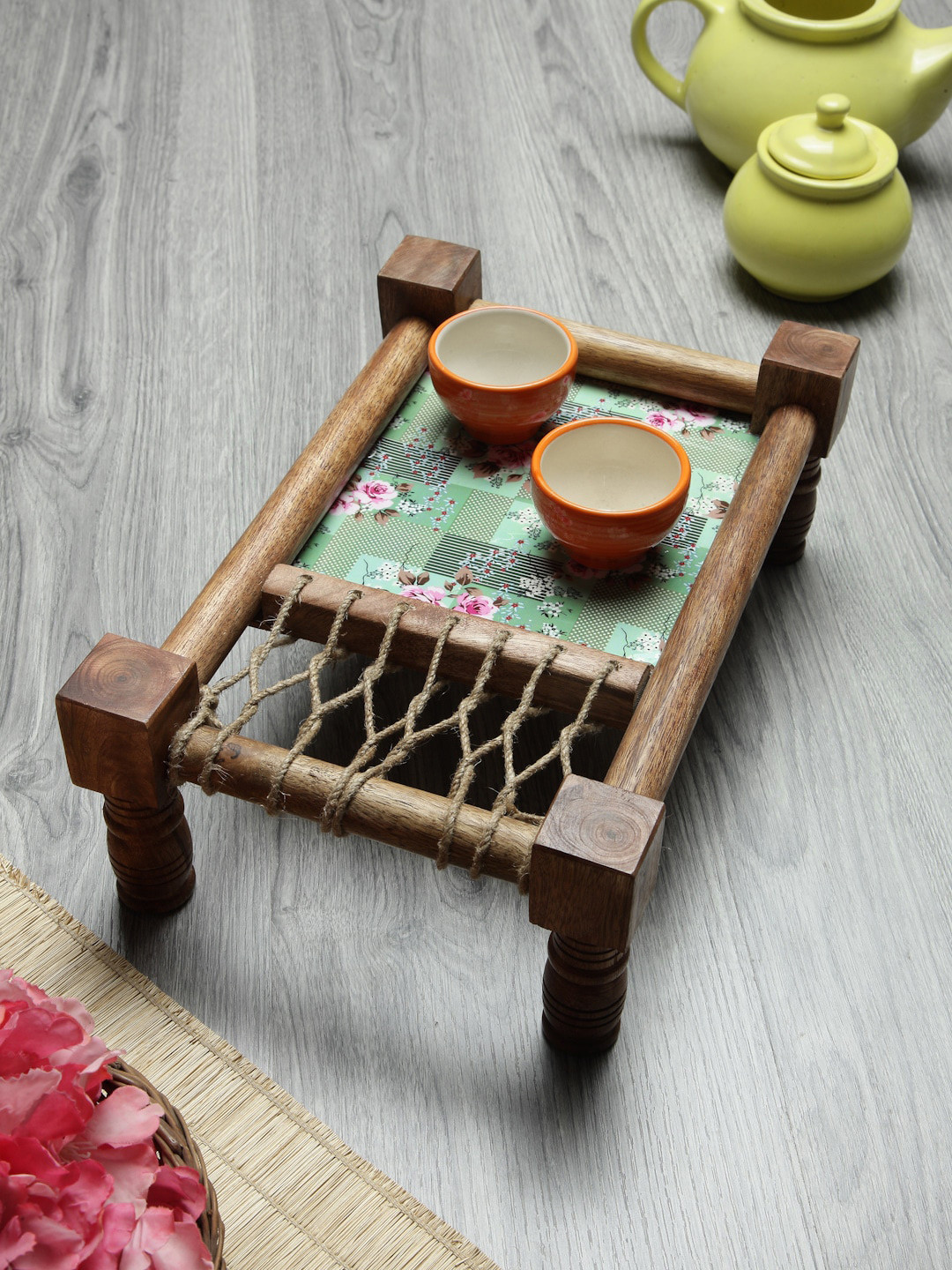 

FABINALIV Brown & Green Floral Wooden Cot Serving Tray
